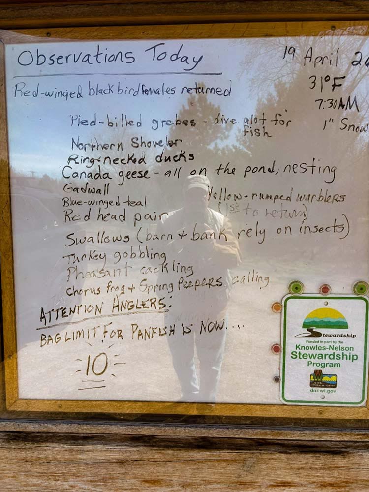 © Tom Andersen - Kiosk Handwritten observation board listing bird species sightings and environmental notes.