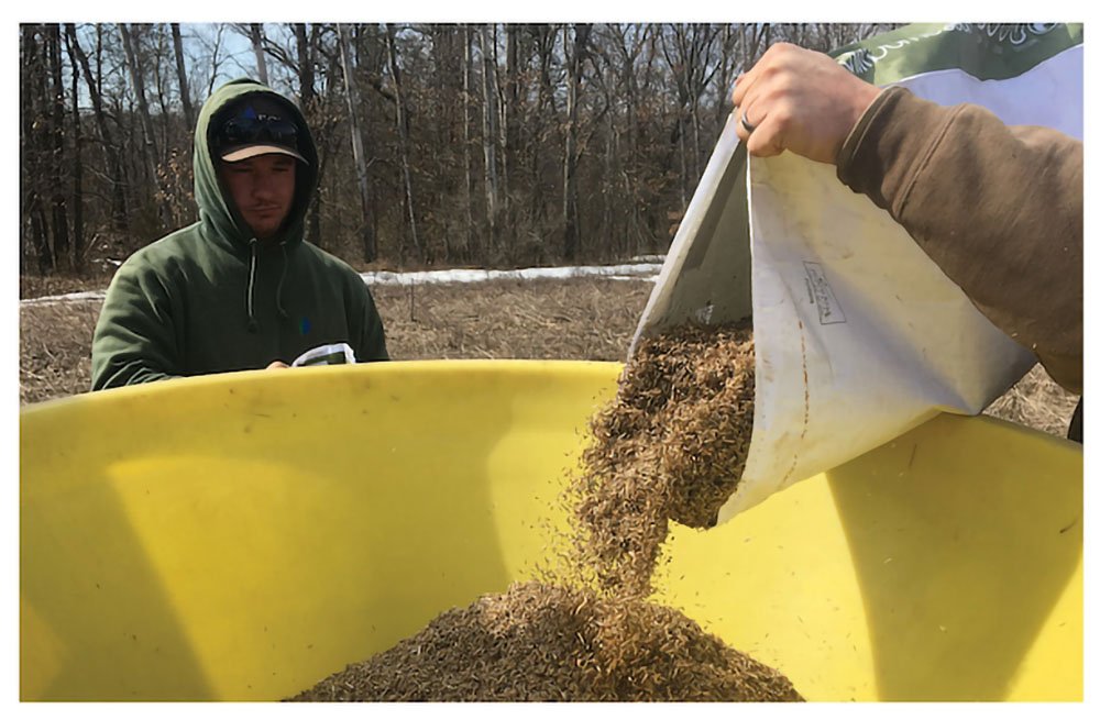 Two people emptying bags of seed into a hopper. Fitz Seeding
