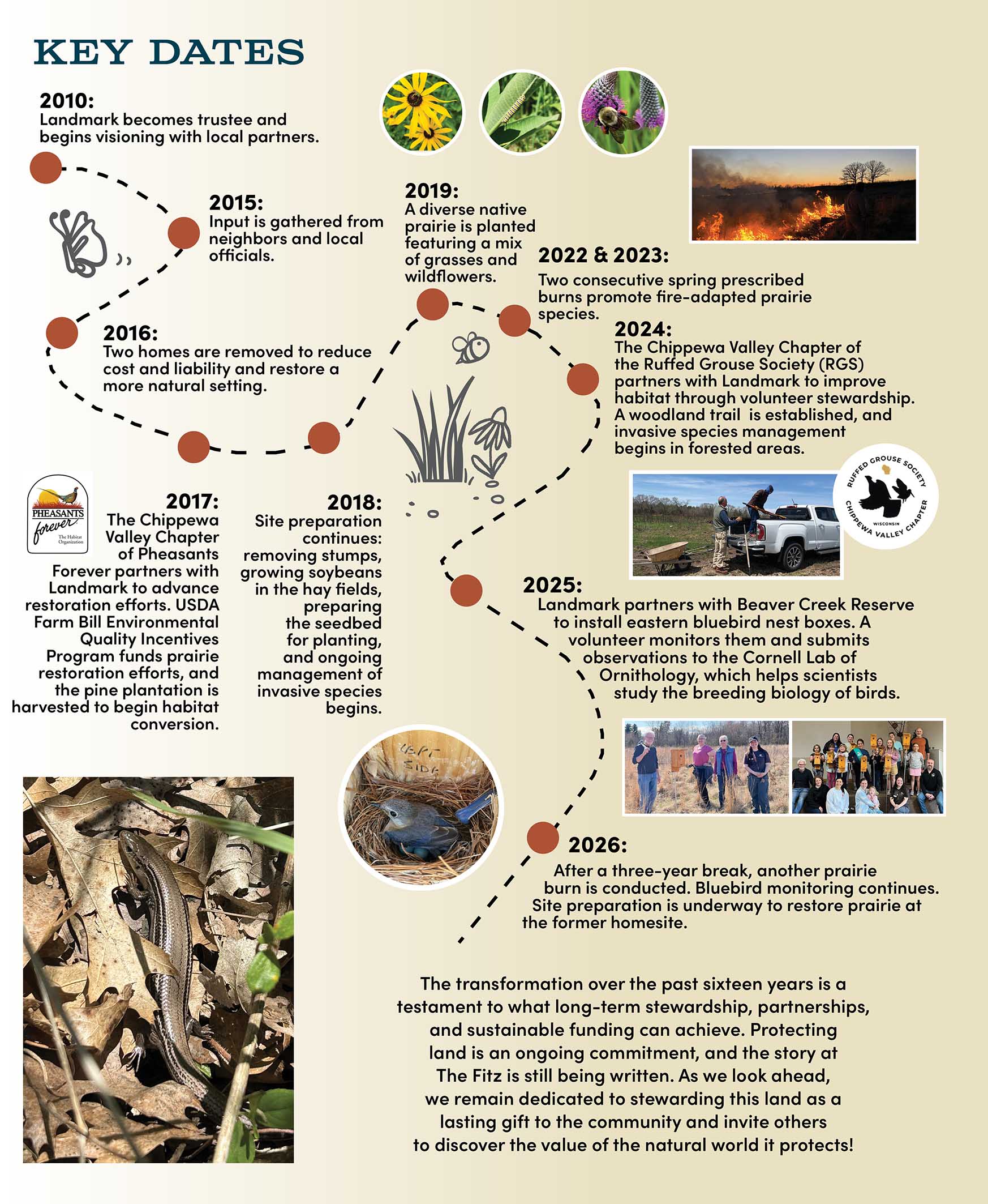A graphic timeline of events in the history of the Mary E. Fitz Memorial Park property. Click the text only link for screen reader friendly version. Fitz Timeline